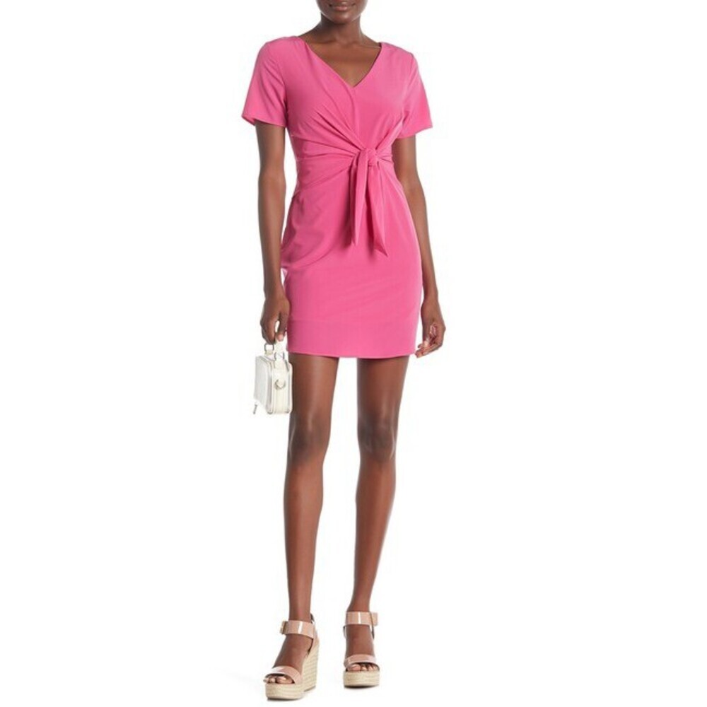 Everly V-Neckline Short Sleeves Front Tie Dress Neon Pink Size S Made in USA